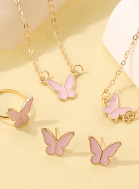 欧美夸张心形蝴蝶耳钉戒指手链项链首饰套装女时尚4件套饰品