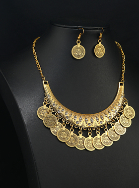 欧美复古金色罗马钱币流苏项链女