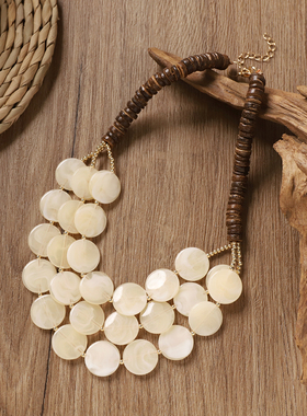 复古串珠椰壳圆片项链波西米亚风