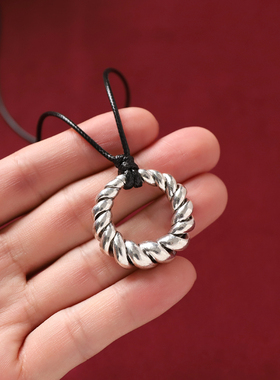 手工苗银麻花扭纹吊坠复古项链