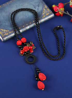 手工复古民族风朱砂花朵项链毛衣链女长款气质古典耳环套装配饰品