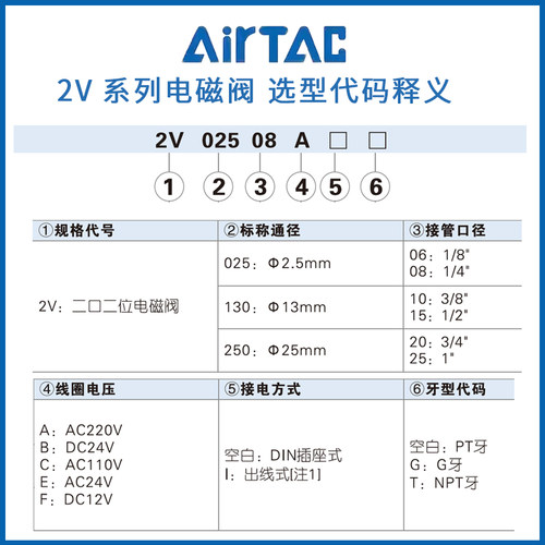 亚德客空压机流体电磁水阀2V025-08/06 2V130-15/10 2V250-25/20B - 图0