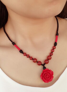 新年喜庆中国红花朵项链