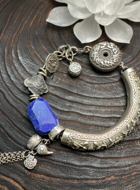 复古风925纯银小众设计手链女青金石南红复古喜字银饰个性手链