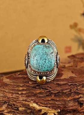 复古个性可调节绿松石戒指925纯银镶嵌绿开口闭口戒指男女