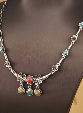 复古高级925纯银镶嵌蜜蜡绿松石项链复古做旧民族风细条项链女