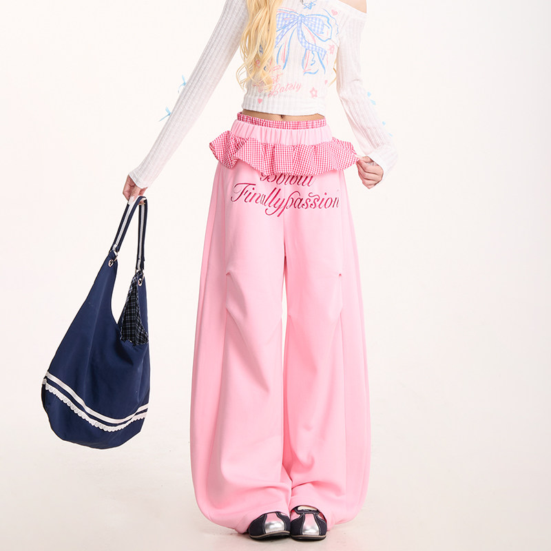 NERESUM甜美格纹花边粉色卫裤女褶皱跳舞弯刀长裤垂感显瘦阔腿裤,淘宝优惠券,粉丝福利购,淘宝优惠卷