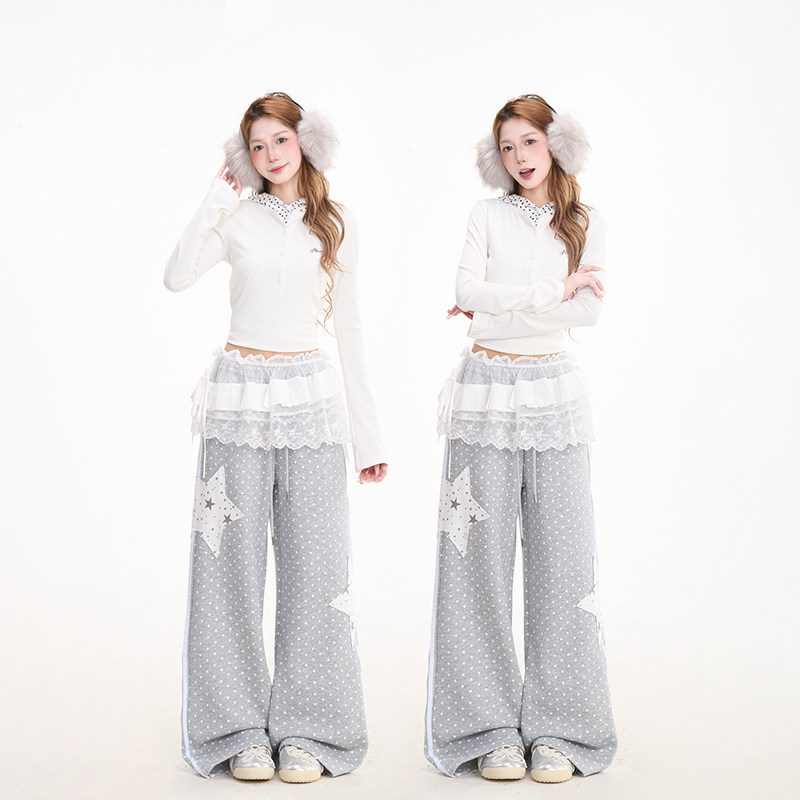 NERESUM波点满印星星贴布卫裤女新款复古显瘦直筒裤垂感休闲裤,淘宝优惠券,粉丝福利购,淘宝优惠卷