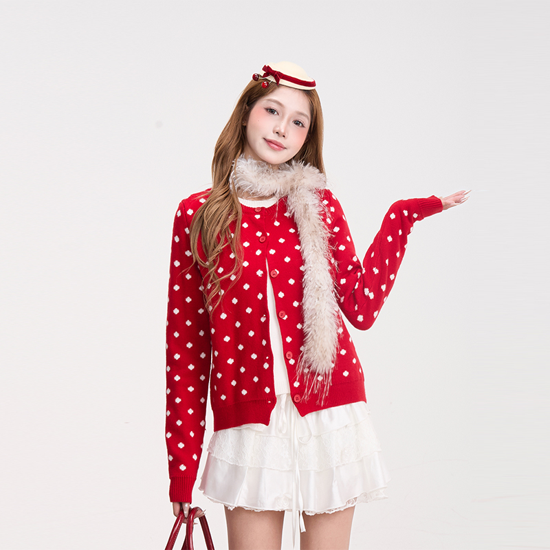 NERESUM复古波点满印假两件毛衣女新年氛围感显瘦休闲圣诞针织衫 - 图0