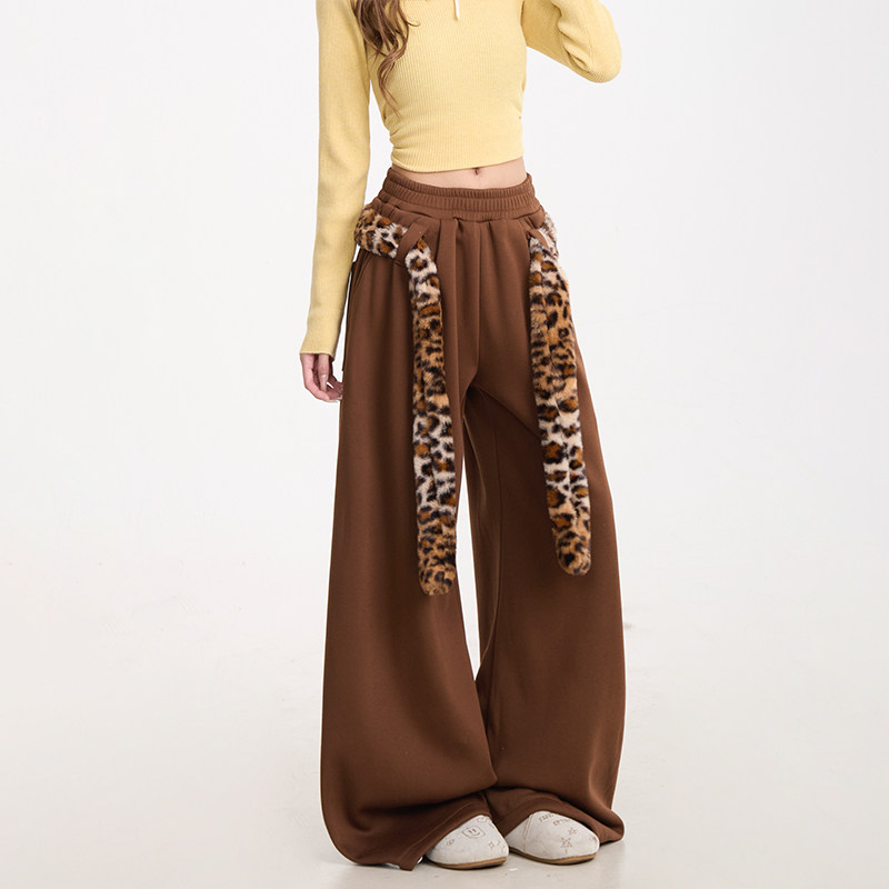 NERESUM豹纹腰带加绒卫裤女秋冬2025新款弯刀运动裤宽松阔腿裤,淘宝优惠券,粉丝福利购,淘宝优惠卷