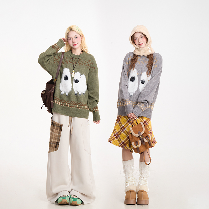 NERESUM费尔岛毛绒小羊毛衣女美式复古慵懒风秋冬宽松保暖针织衫 - 图2