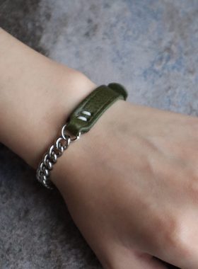 头层牛皮简约拼接链条真皮手环