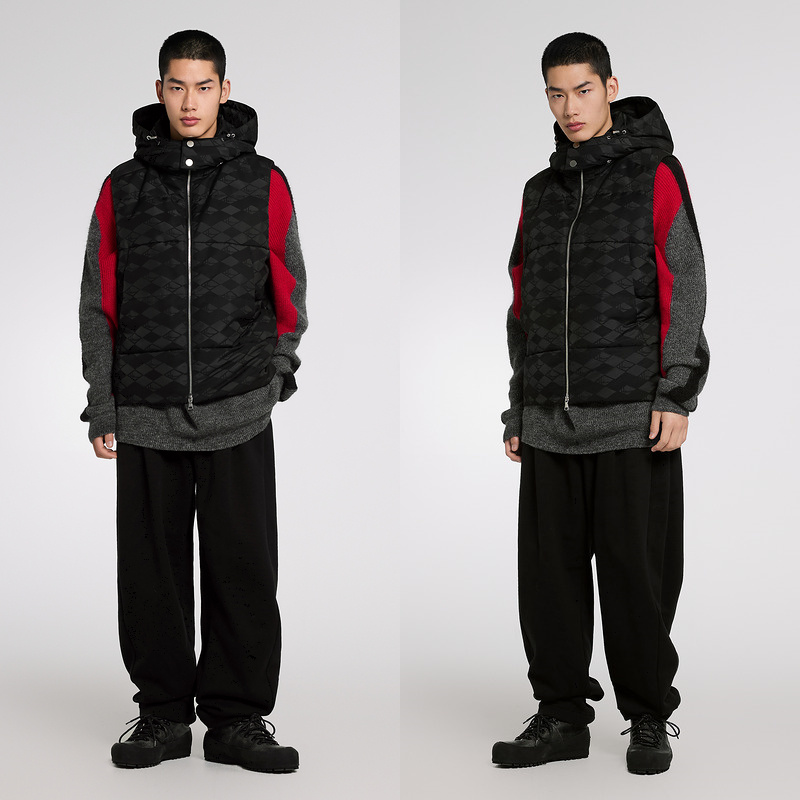 速写男装秋季新款短款连帽羽绒马甲提花美式街头潮流时尚设计无袖 - 图0