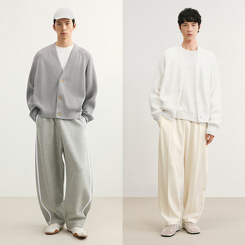 速写男装早春新款开襟毛衫V领宽松短款上衣外套简约休闲松弛感 - 图0