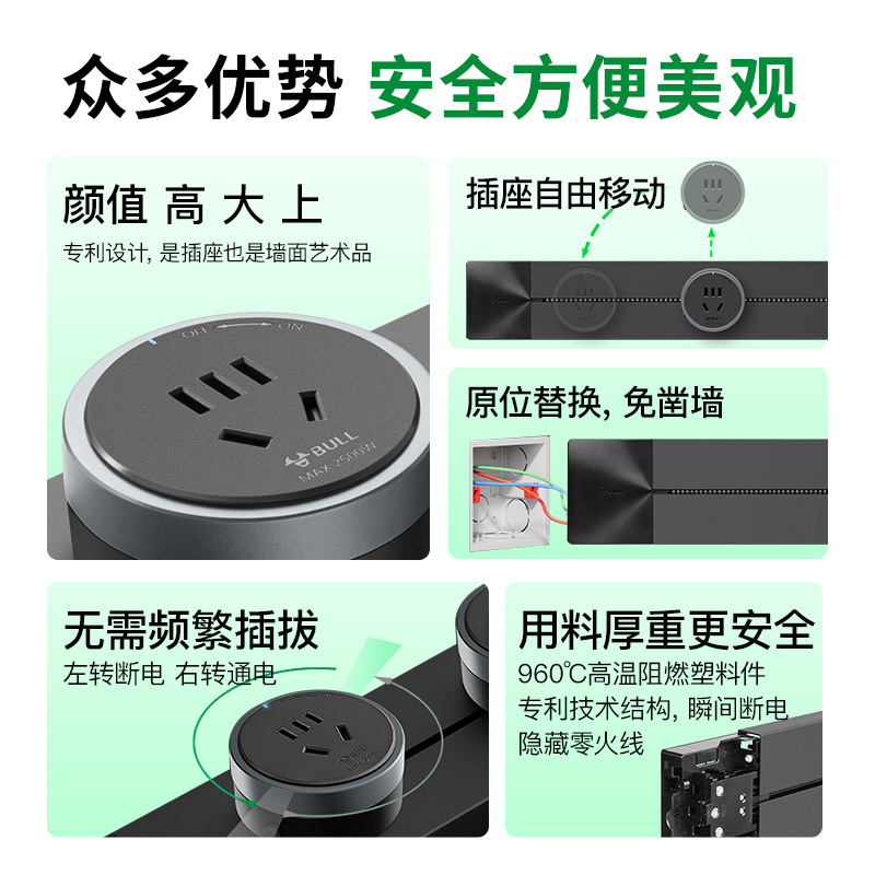 公牛可移动电力轨道插座导轨厨房客厅卧室无线排插接线板家用