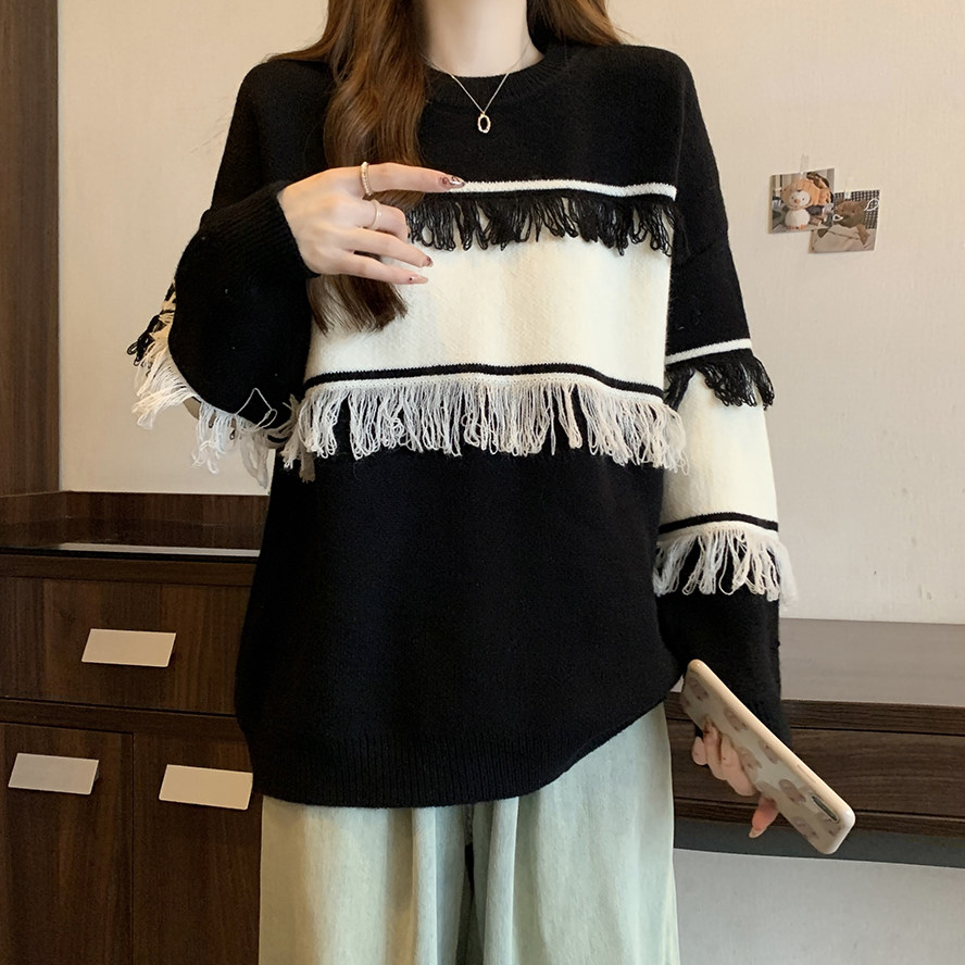 加厚流苏拼接长袖针织毛衣女秋冬新款大码胖mm设计感宽松显瘦上衣