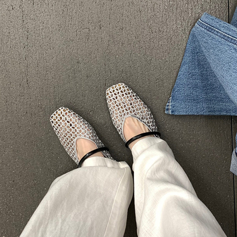 法式2025夏季新款方头镂空手工编织透气一字带浅口单鞋女平底凉鞋,淘宝优惠券,粉丝福利购,淘宝优惠卷