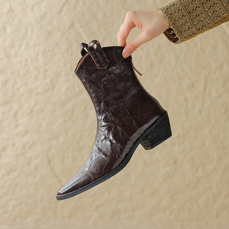 羊皮版~2025秋冬显瘦褶皱v口复古粗跟尖头西部牛仔靴女中跟短靴子,淘宝优惠券,粉丝福利购,淘宝优惠卷