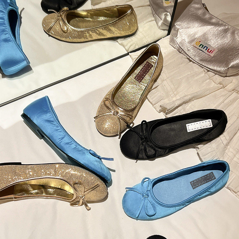 真皮绸缎法式芭蕾舞蓝色单鞋女2024年新款蝴蝶结小蓝鞋平底奶奶鞋,淘宝优惠券,粉丝福利购,淘宝优惠卷