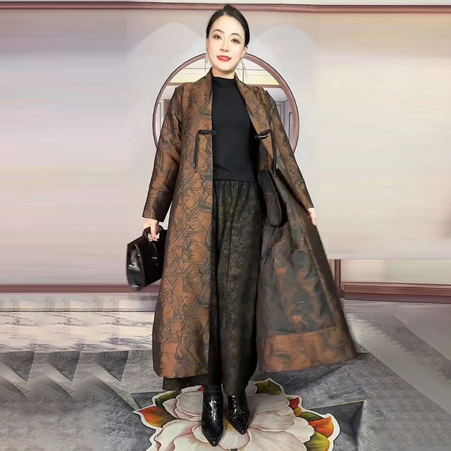 Chinese style jacquard trench coat for women loose mom coat