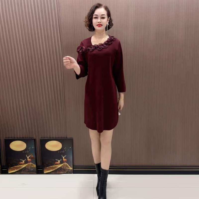 26早春新款时尚针织立体花大版衫宽松妈妈装弹力中长款打底毛衣裙,淘宝优惠券,粉丝福利购,淘宝优惠卷