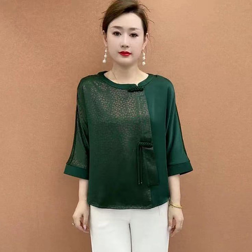 新中式小个子妈妈装洋气撞色大码真丝衬衫遮肉显瘦气质短款上衣女 - 图0