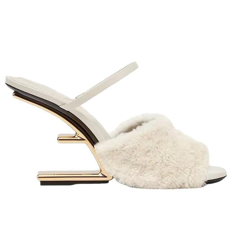 欧美毛毛高跟拖鞋女2026春夏高级金属异形跟圆头设计感时装女拖鞋,淘宝优惠券,粉丝福利购,淘宝优惠卷