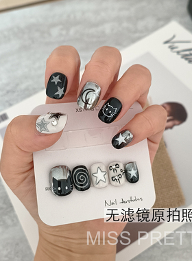 黑色穿戴甲猫咪五角星短款