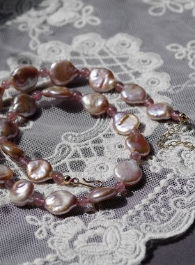 天然粉紫色花瓣珍珠项链k金强光