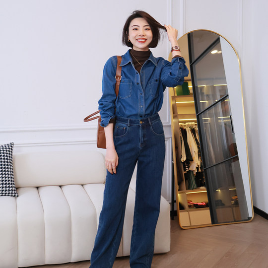 大洪洪【休闲格调】秋冬款翻领长袖蓝色叠穿牛仔衬衫女衬衣