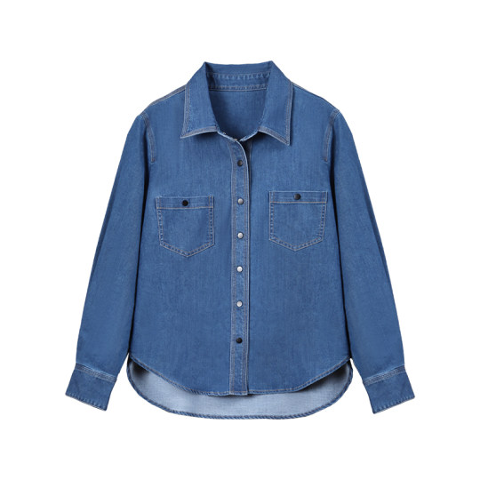 大洪洪【休闲格调】秋冬款翻领长袖蓝色叠穿牛仔衬衫女衬衣