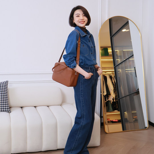 大洪洪【休闲格调】秋冬款翻领长袖蓝色叠穿牛仔衬衫女衬衣