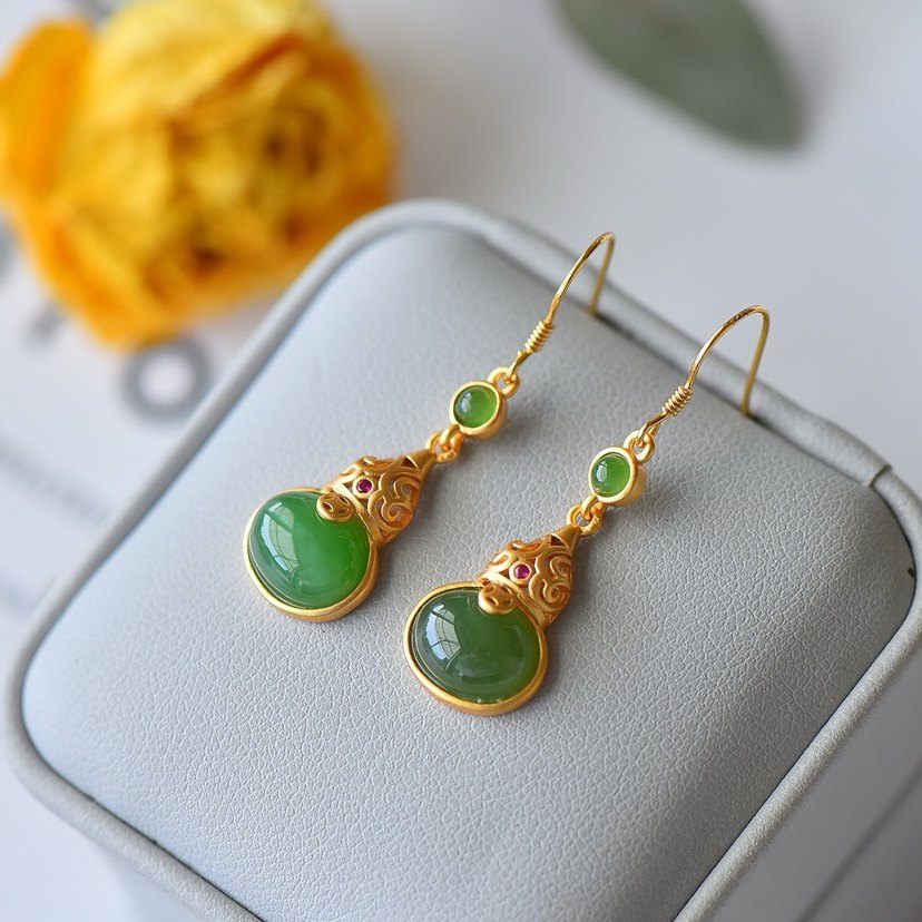 天然和田玉碧玉葫芦耳坠s925银镀金镶嵌女款玉石耳环耳饰礼物饰品,淘宝优惠券,粉丝福利购,淘宝优惠卷