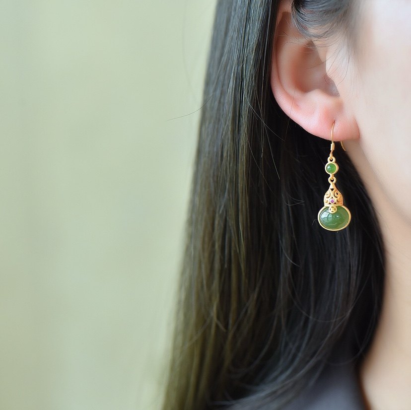 天然和田玉碧玉葫芦耳坠s925银镀金镶嵌女款玉石耳环耳饰礼物饰品,淘宝优惠券,粉丝福利购,淘宝优惠卷