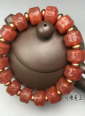 算盘珠雕花哑光红玉髓单圈手链