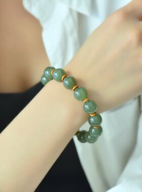 保真天然和田玉青海料圆珠手串