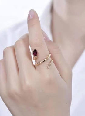 新款蛇戒仿天然红碧玺开口戒指女