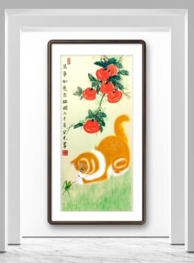 纯手绘万事如意吉猫国画柿子工笔橘猫蝈蝈图中式客厅吉祥花鸟挂画