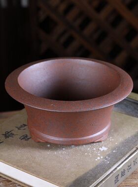 宜兴紫砂大号花盆 柴烧复古中式 宽底线瓢口 王飞款 盆景绿植桌面