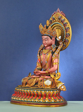 藏式长寿佛铜佛像摆件尼泊尔工艺手工錾刻彩绘无量寿佛像7寸10寸