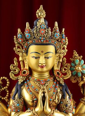 尼泊尔手工铜像四臂观音菩萨藏式居家供桌摆件手工錾刻铜佛像1尺