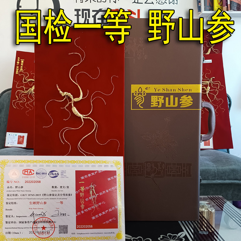 一等野山参30年林下参国检人参长白山野生老山参干籽货礼盒装证书-图0