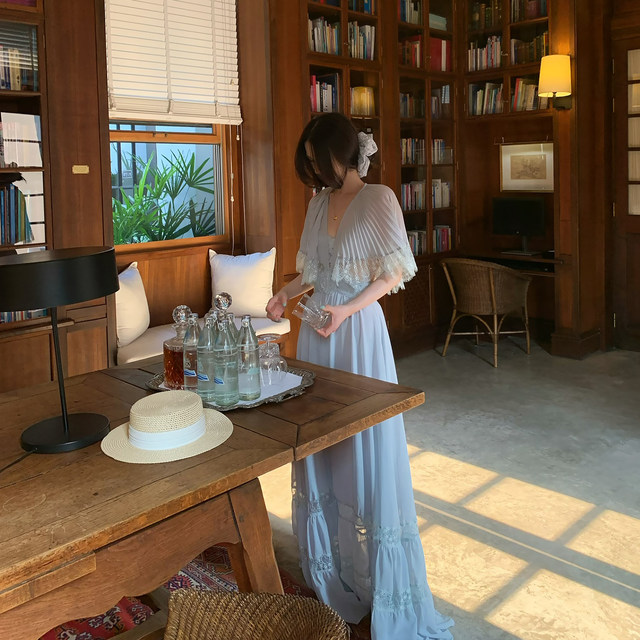 Mist blue 2.0 cape pleated skirt ຍາວ / ເທິງ