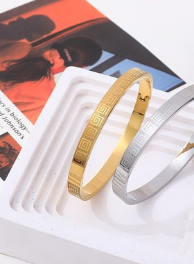 跨境新款钛钢手镯女创意阿拉伯长城图案回纹网格不锈钢卡扣手环