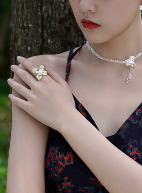 蝴蝶戒指纯银纯银水晶元素日韩风