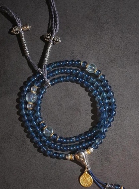 海蓝宝直切双圈手串复古高颜值海蓝宝108颗佛珠卡子文玩项链送礼