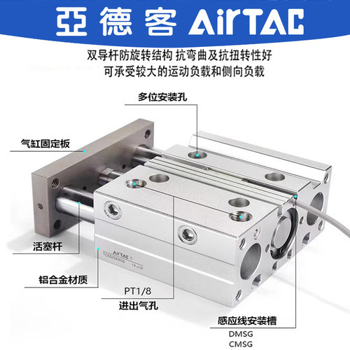 亚德客三轴三杆带导杆气缸TCM20X25X32/40X10X20X25X30X40X50X75S - 图0