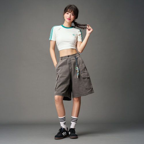 新中式运动露脐抽褶上衣短袖T恤女装夏季adidas阿迪达斯三叶草 - 图2