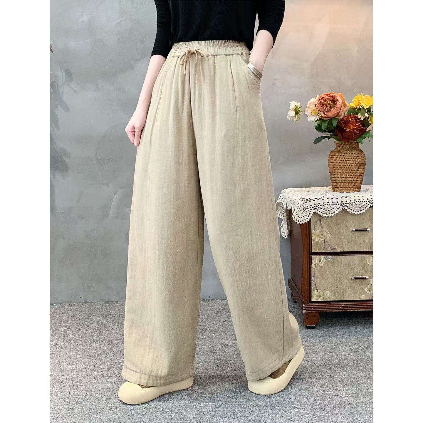 复古加绒加厚棉纱松紧腰系带休闲裤女春秋大码显瘦百搭阔脚直筒裤,淘宝优惠券,粉丝福利购,淘宝优惠卷