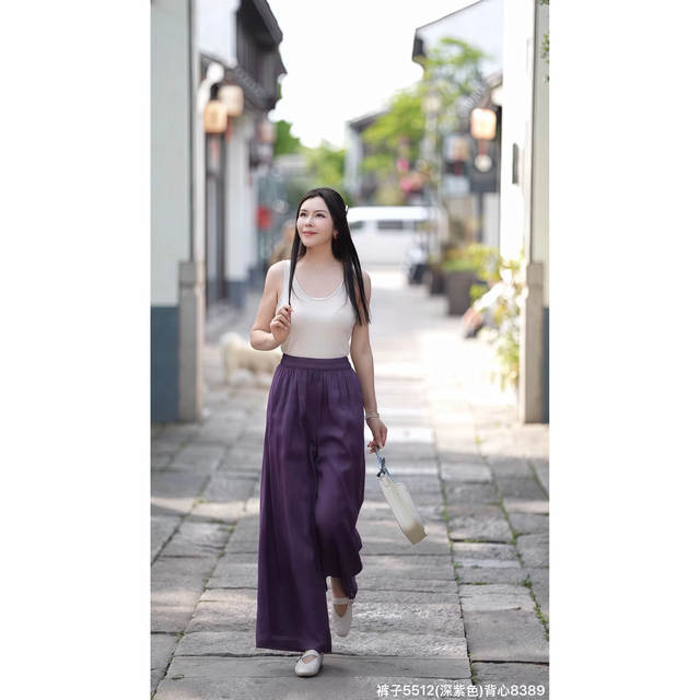 ໂສ້ງຂາຍາວແບບ Retro ramie ສອງຊັ້ນສຳລັບຜູ້ຍິງໃນລະດູຮ້ອນ ໂສ້ງຂາຍາວສີອອກໃໝ່ ເນື້ອແຂງ ແລະ ໂສ້ງຂາກວ້າງອະເນກປະສົງ